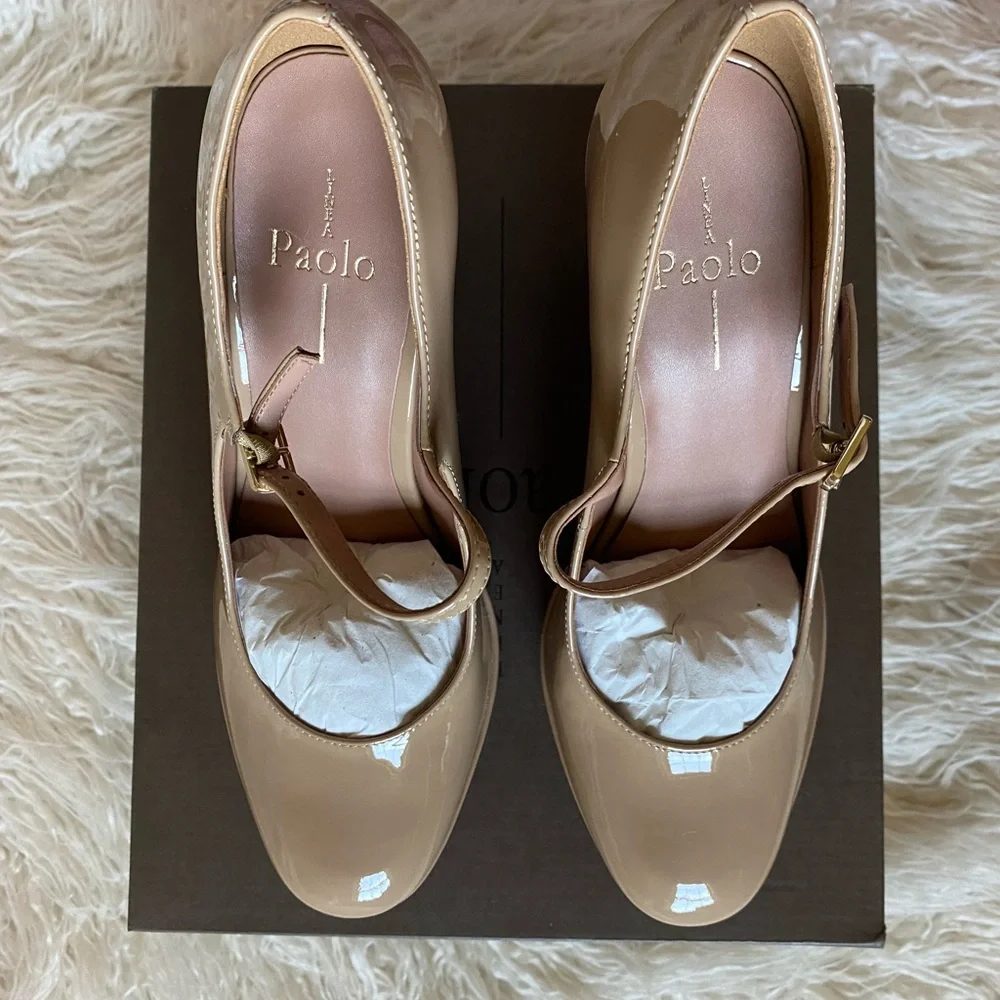 NWT Linea Paolo Isadora Mary Jane Platform Pumps, Maple Sugar Patent, Size 9.5